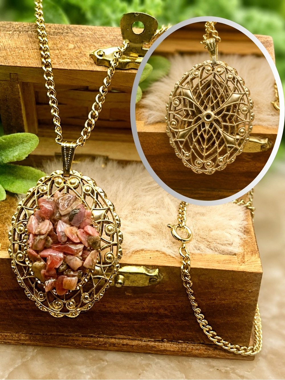 Coral Pink Glass Stone Chip Accent Oval Filigree Pendant Gold Tone Necklace